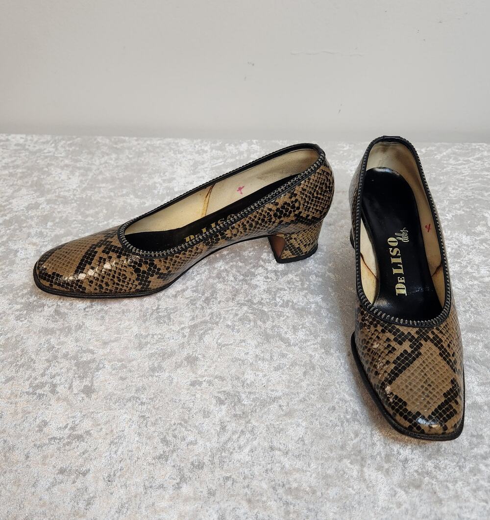 Vintage De LISO Debs Womens Brown & Black Snakeskin Pumps-Size 7.5B